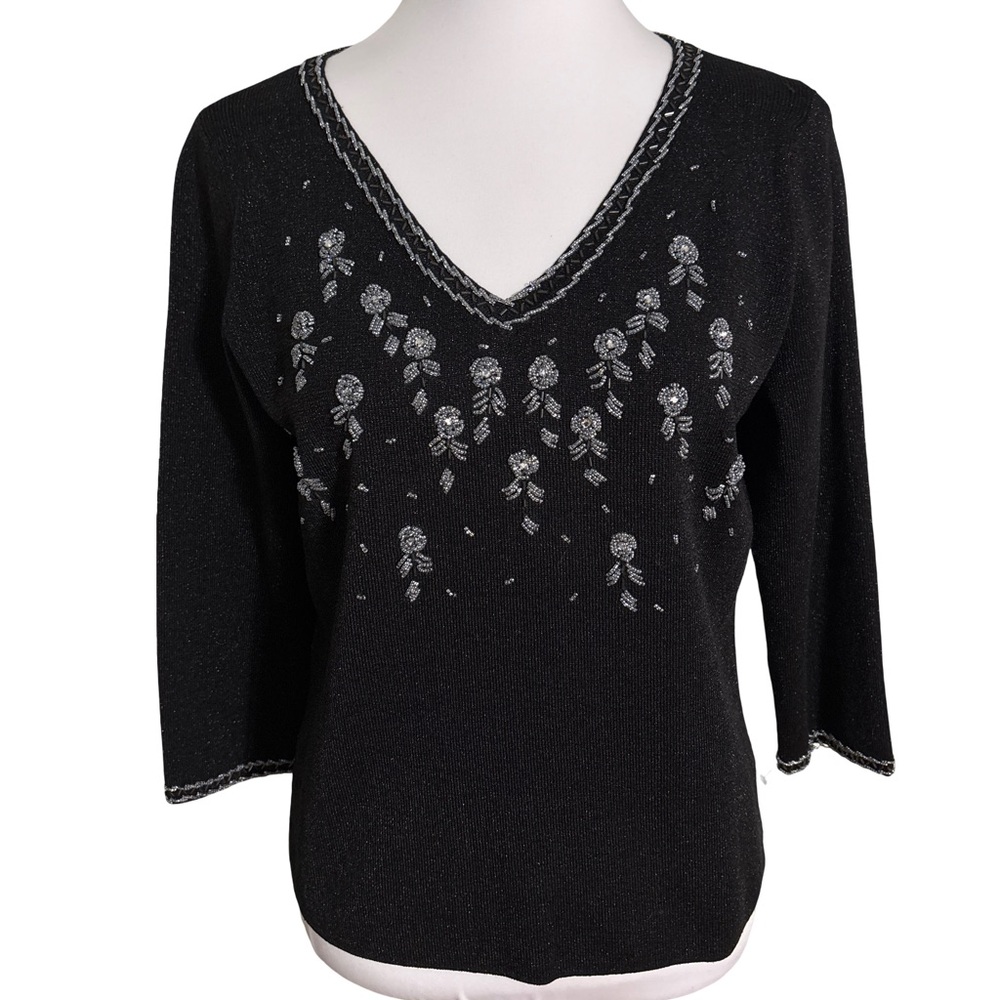Grace Elements Black V Neck Sweater Silk Silver Accents